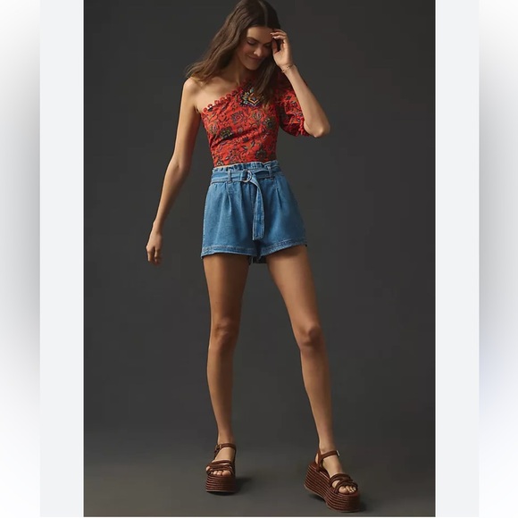 Anthropologie Pilcro Denim Blue Paperbag Waist Belted Women's Shorts - Picture 8 of 11